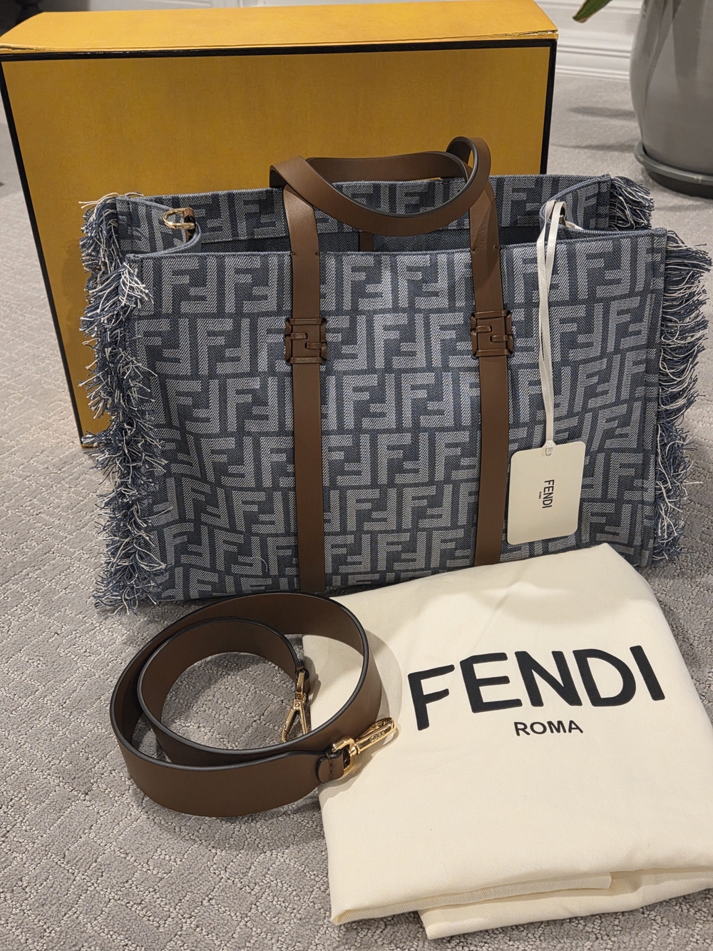 Fendi Gray FF Logo Tote with Brown Leather Trim